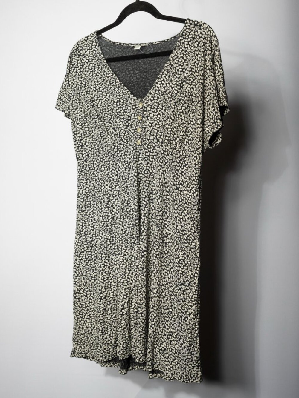 American Eagle Ditsy Floral Button Front Mini Dress Black White 90s Size L